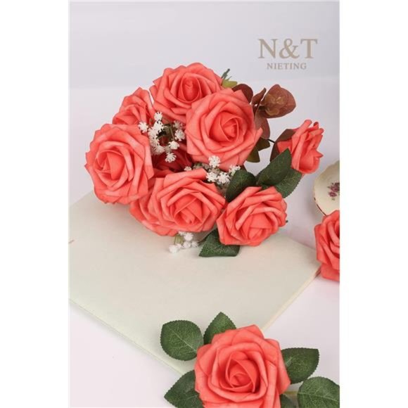 Artificial Fall Wedding Flowers 25pcs Coral Mother's Day Fake Roses w/Stem DIY - Picture 7 of 7